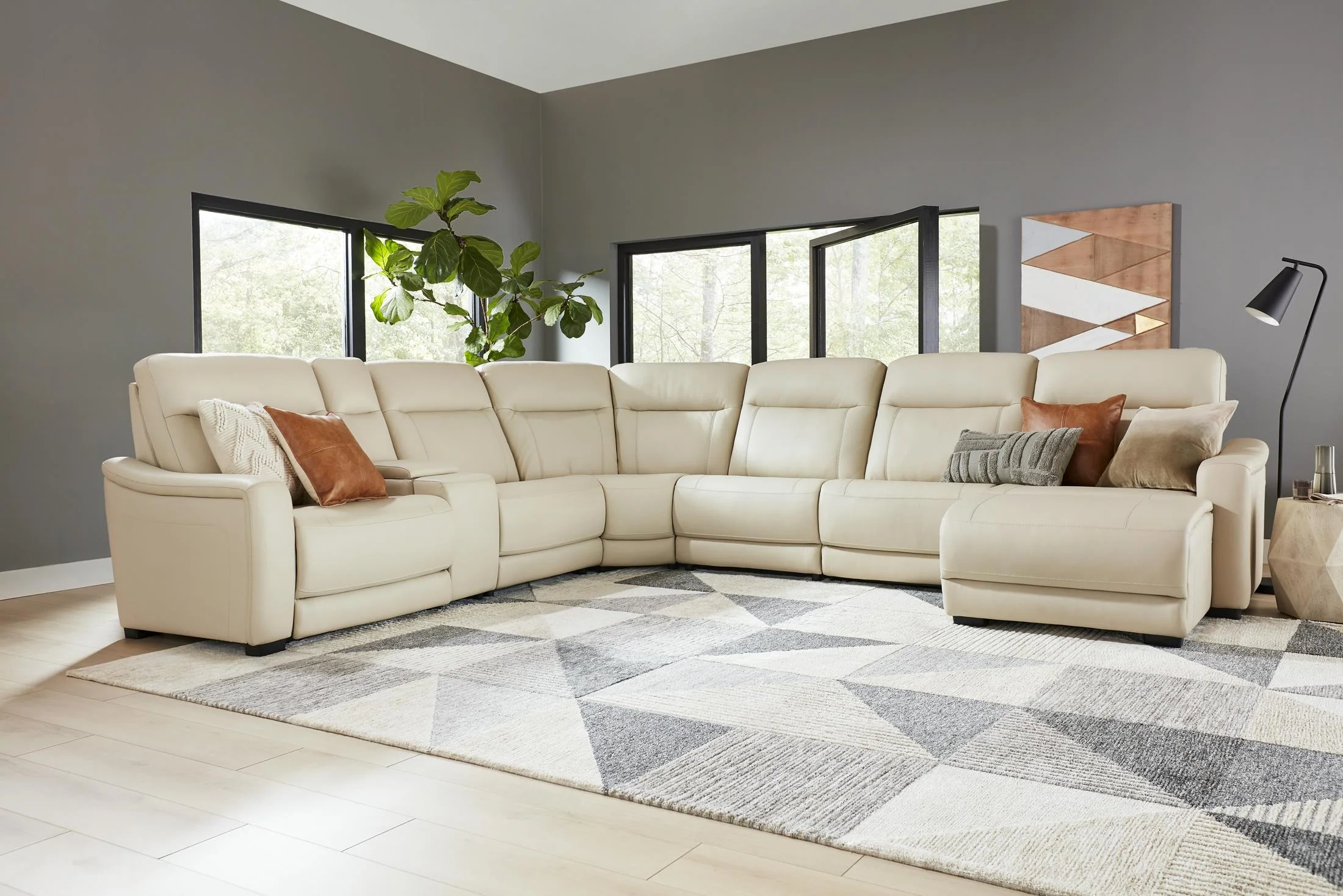 Newport 6-Piece Almond Leather Power Reclining Sectional with Chaise - Image 4