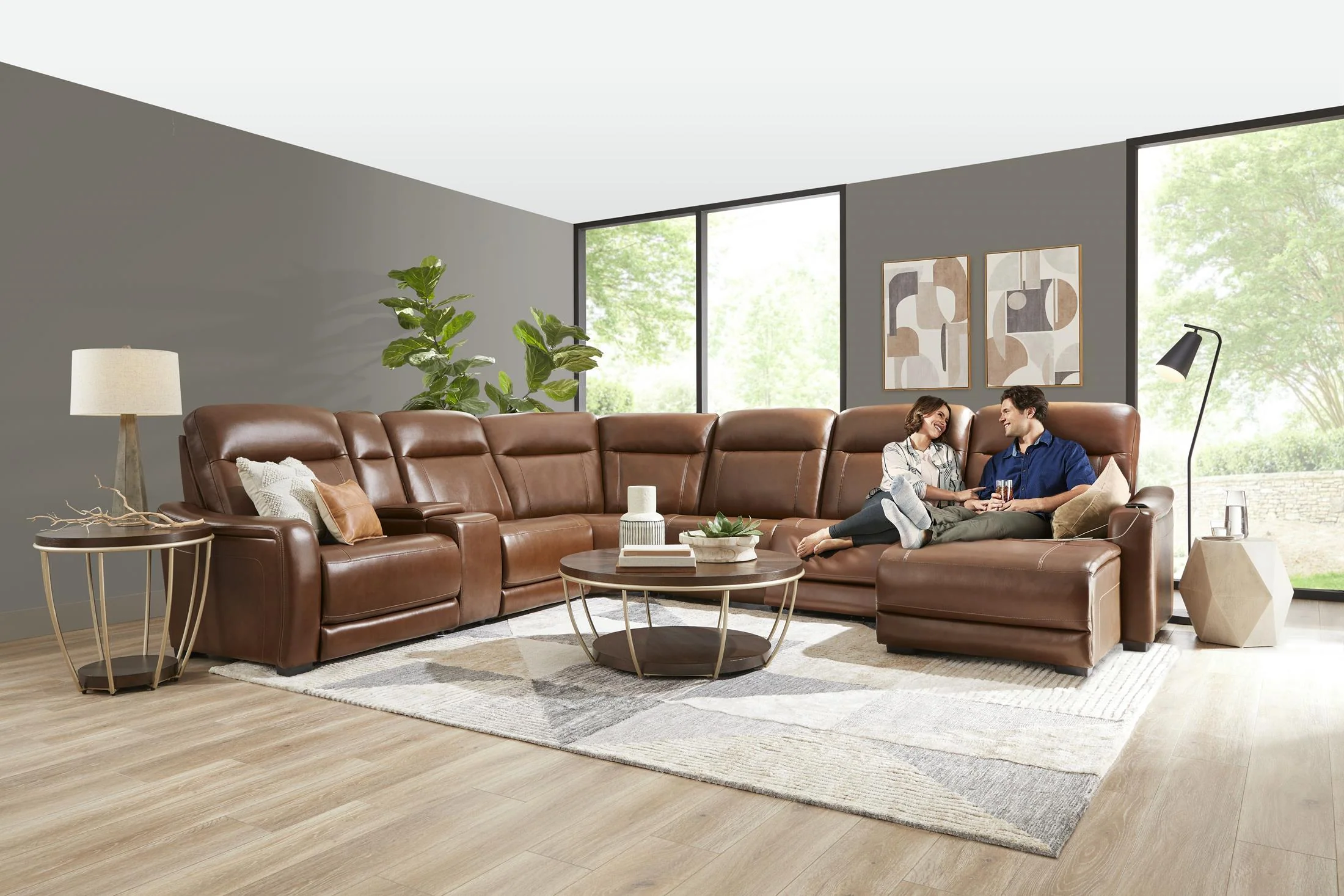 Newport 6-Piece Brown Leather Power Reclining Sectional with Chaise - Image 6