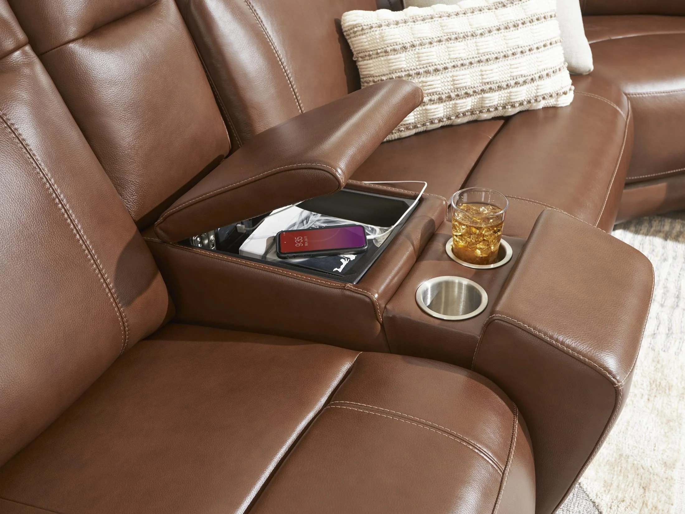 Newport 6-Piece Brown Leather Power Reclining Sectional with Chaise - Image 8